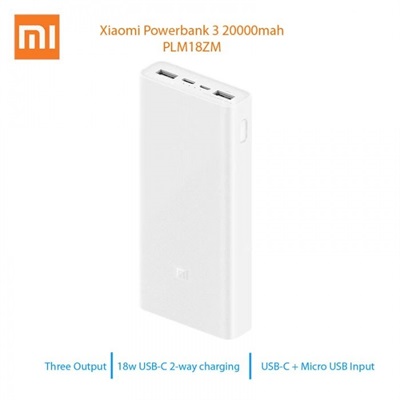 Xiaomi Portable Power Bank3 20000mAh Dual USB Output Battery Charger 18W Two-way Quick Charge-White