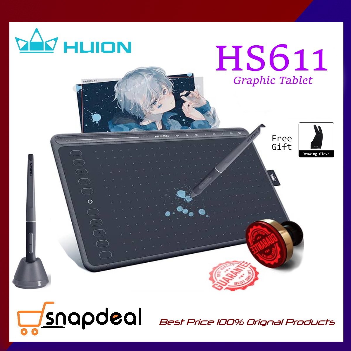 HUION HS611 Graphics Drawing Tablet Android Supported Pen Tablet Tilt Function Battery-Free Stylus