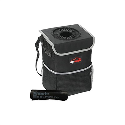 Auto Waterproof Car Trash Can with Lid and Storage Pockets, Black