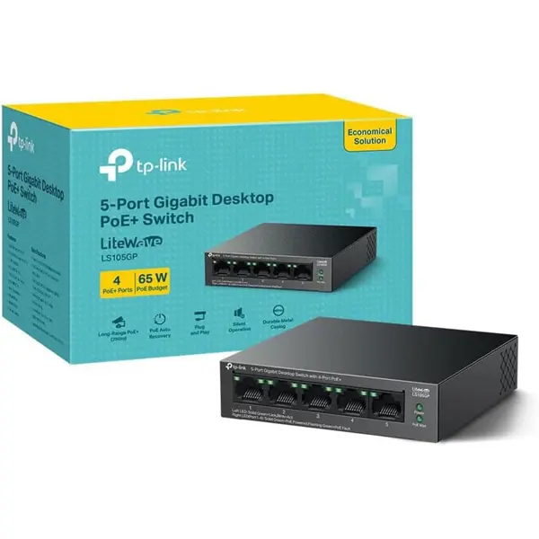 TP-Link LS105GP 5-Port Gigabit Desktop Switch with 4-Port PoE+ (65W Budget)