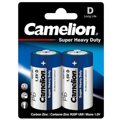 Camelion Super Heavy Duty D-Size Battery x 2 Cell Blister Pack