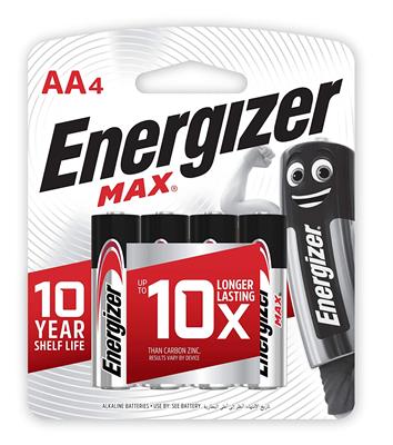 Energizer E91BP4 Max Alkaline AA Battery x 4 Blister Pack (Pencil Cell)