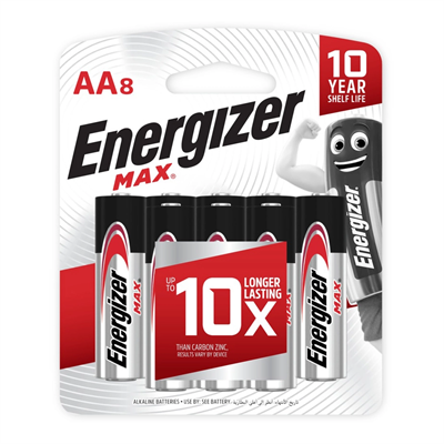 Energizer E91BP8 Max Alkaline AA Battery x 8 Blister Pack (Pencil Cell)