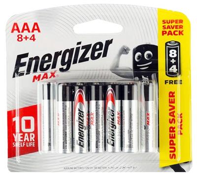Energizer E92BP8+4 Max Alkaline AAA Battery x 12 Blister Pack (Pencil Cell)