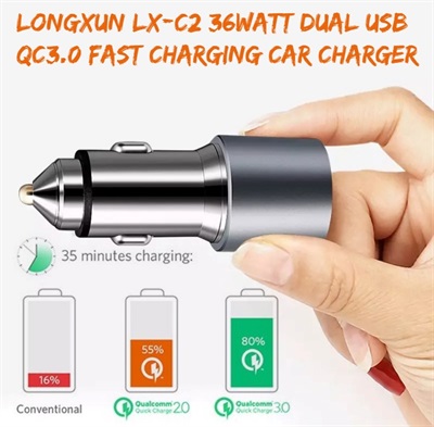 LONGXUN LX-C2 36Watt Dual USB QC3.0 Fast charging Car Metal Shell Charger