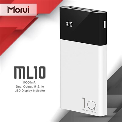 MORUI 10000mAh Lithium Polymer Power Bank with Digital Display (White and Black)
