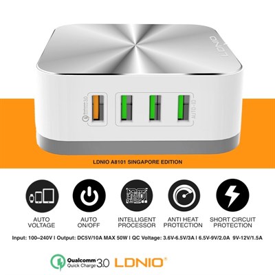 LDNIO A8101 50W Quick Charge 3.0 Technology 8-USB Output 10A Auto ID USB Charger