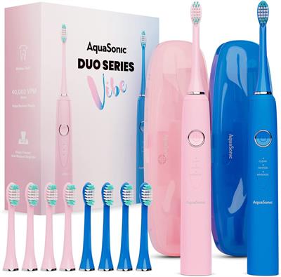 Aquasonic Vibe Duo Dual Electric Toothbrush Ultra Whitening 40,000 VPM Fast Charging Tooth Brush 3 Modes with Smart Timers
