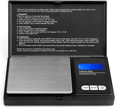 Ascher 200 gram Portable Digital Pocket Scale with Back-lit LCD Display 200x0.01 gram Black