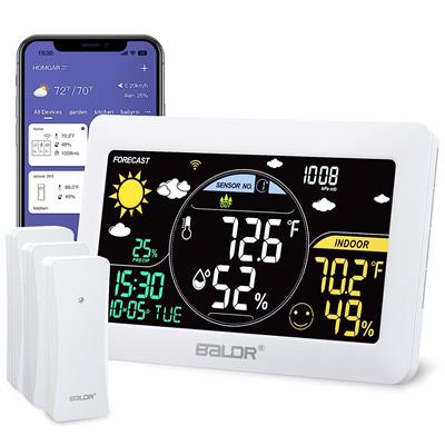 BALDR WiFi Weather Station 3 Sensors Smart App Controlled Wireless Indoor Outdoor Thermometer Temperature Humidity Monitor