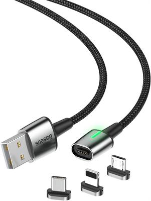 Baseus 3 in 1 Detachable Lightning, USB Type-C and Micro USB Charging and Data Sync Zinc Magnetic Cable Kit for Quick Charging 1m