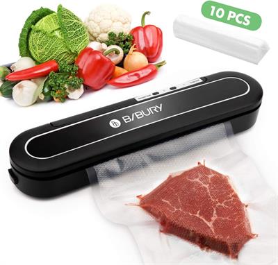 BIBURY Upgraded Automatic Food Sealer with Led Indicator Light, Compact Food Vacuum Sealing Machine for Food Storage and Preservation with 10pcs Vacuum Sealer Bags