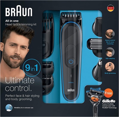 Braun 9-in-1 Beard Trimmer, With Hair & Nose Trimmer & Gillette Fusion ProGlide Razor, For Beard, Hair & Body Grooming, 100% Waterproof