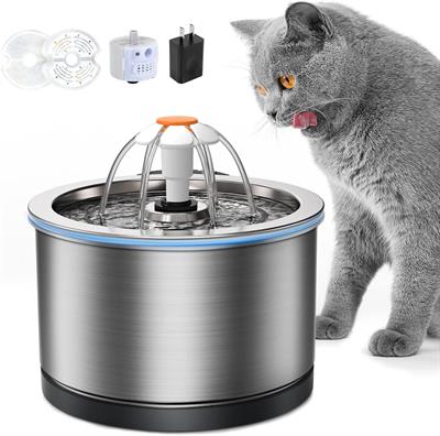 Pet Cat Water Fountain 2.5L/84Oz Stainless Steel Cat Fountain for Cats and Dogs, LED Light Pump & 2 Replacement Filters