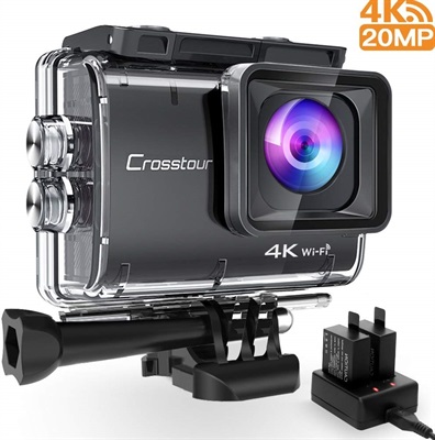 Crosstour CT9500 Real 4K Action Camera Underwater Camera (4K 20MP WiFi Underwater 40M Waterproof Anti-Shake Helmet Camera 2 1350mAh Batteries)