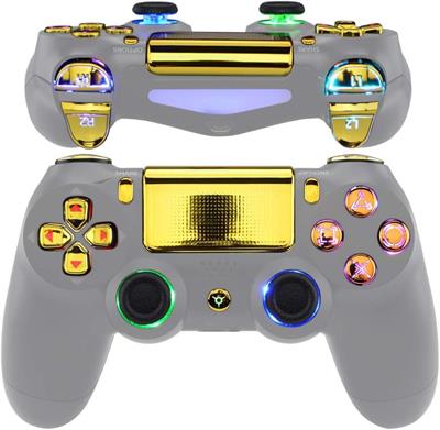 eXtremeRate Multi-Colors Luminated D-pad Thumbstick Trigger Home Face Buttons, Chrome Gold Classical Symbols Buttons DTFS (DTF 2.0) LED Kit for PS4 Slim Pro Controller - Controller NOT Included