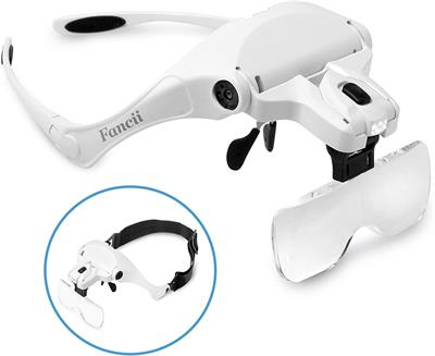 Fancii Headband LED Illuminated Head Magnifier Visor 1X to 3.5X Zoom with 5 Detachable Lenses Hands Free Head Worn Lighted Magnifying Glasses