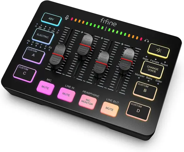 FIFINE Gaming Audio Mixer Streaming 4-Channel RGB Mixer with XLR Microphone Interface Volume Fader, 48V Phantom Power for Game Voice, Podcast, Recording, YouTube-AmpliGame SC3