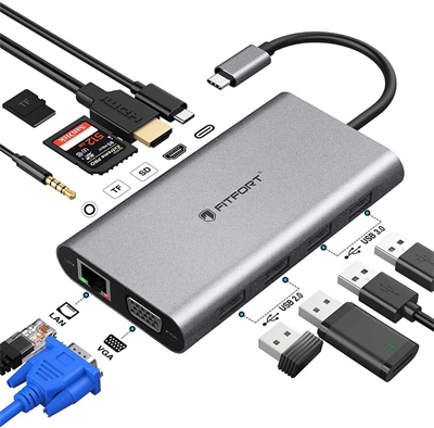 FITFORT 12 Ports USB C Hub Triple-Display USB C Adapter with Triple 4K-HDMI, Type C PD, 4 USB Ports, Gigablit Ethernet, SD/TF Card Reader