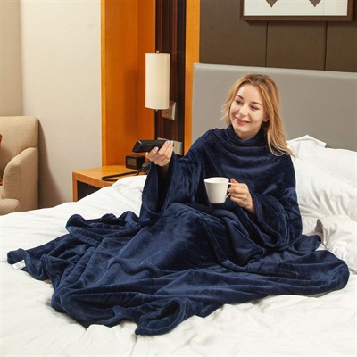 Softan Fleece Blanket with Sleeves and Foot Pocket Lightweight Soft Plush Blanket and Adjustable Hook 79" x 67", Navy