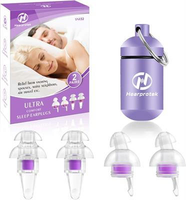 Hearprotek Ear Plugs for Sleeping, 2 Pairs of Ear Protection Earplugs (32 db) for Noise Reduction, Side Sleepers, Snoring, Travel, Work, Safety and Construction (Purple)