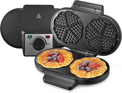 HOUSNAT Double Heart Waffle Iron 1300 W Waffle Maker for 10 Classic Heart Wafers, Waffle Size 16 cm Each, Non-Stick Coating, Temperature Control, Black