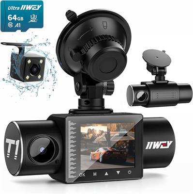 iiwey Dash Cam Front Rear and Inside 1080P Three Channels with IR Night Vision Car Dashboard Camera Dashcam HDR Motion Detection and G-Sensor