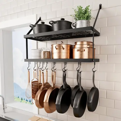 KES Pan Rack Wall Mounted Kitchen Pots and Pans Hanging Rack 2 Tiers Kitchen Wall Shelf with 12 S-Hooks Heavy Duty Matte Black 75CM