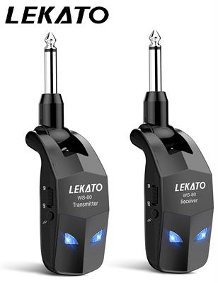 LEKATO 2.4GHz Guitar Wireless System, 4 Channels, Rechargeable Wireless Audio Transmitter, Wireless Digital Guitar Transmitter and Receiver for Electric Guitar Audio and Bass (WS-80)