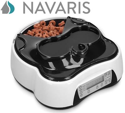 Navaris Automatic Food and Water Dispenser - 4 Meal Pet Feeder Drinking Station with Timer for Dog, Cat, Rabbit - Auto Timed Animal Feeding Station