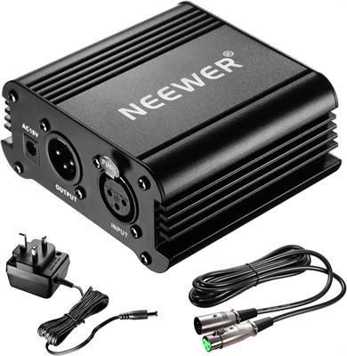 Neewer 1-Channel 48V Phantom Power Supply Black with Adapter and One XLR Audio Cable for Any Condenser Microphone Music Recording Equipment