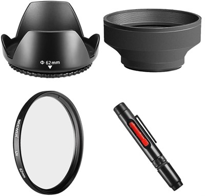 Neewer 62MM Camera Tulip Lens Hood + Collapsible Rubber Lens Hood + UV Filter + Lens Cleaning Pen