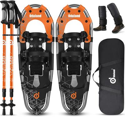 Odoland 4-in-1 Lightweight Snow Shoes Set Snowshoes with Trekking Poles, Waterproof Snow Leg Gaiters and Carrying Tote Bag
