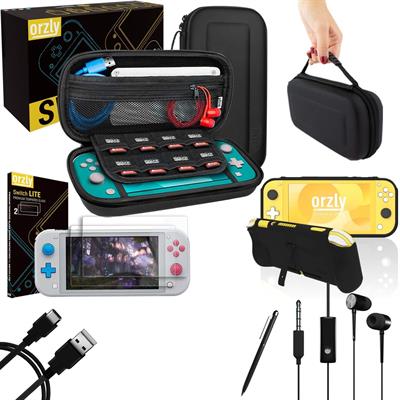 Orzly Switch Lite Accessories Bundle Case & Screen Protector for Nintendo Switch Lite Console, USB Cable, Comfort Grip Case, Headphones, Thumb-Grip Pack