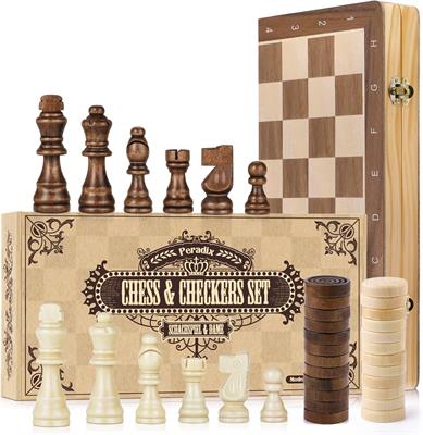 Peradix Chess Set and Draughts Board Games 2 in 1 Set | 38x38cm Magnetic Foldable Wooden Chess Board | 2 Extral Queen | Handmade Chess Toys Gift for Kids and Adult