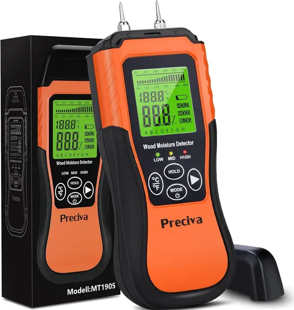 Preciva Digital Moisture Detector, Wood Humidity Tester, Water Leak Detector with 8 Modes, Wood and Building Material Dampness Inspection with Backlit LCD Display and Battery