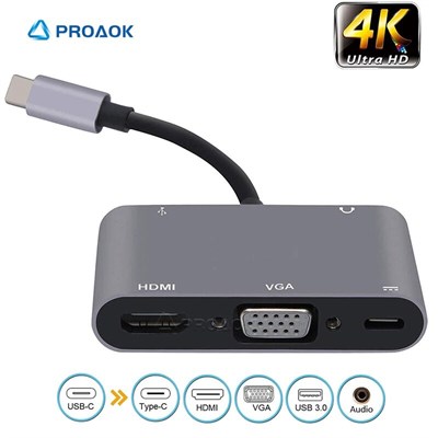 USB Type C Hub 5 in 1 USB C to HDMI VGA Adapter 4K with HDMI, 1080P VGA, USB 3.0, USB-C PD Charging,