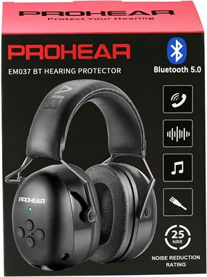 PROHEAR 037 Bluetooth 5.0 Hearing Protection Earmuffs Headphones with Rechargeable 1100mAh Battery 25dB NRR Safety Noise Reduction Ear Muffs 40H Playtime