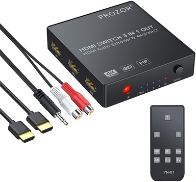 Prozor 4K HDMI Audio Extractor Switcher 3x1 HDMI to Optical Spdif Toslink + R/L(RCA) + 3.5mm