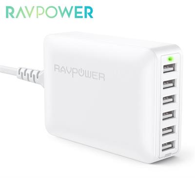 RAVPower 60W 6-Port Desktop Charger Charging Station with iSmart for iPhone, iPad, Galaxy, Mobile Phones, Tablet and Power Bank RP-PC028 -White