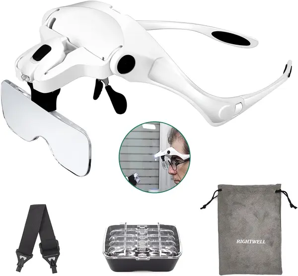 RIGHTWELL Head Magnifier with Headband LED Magnifying Glasses with 1X to 3.5X Zoom Hands Free