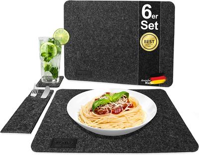 Saltibo Felt Place Dinning Table Mats with Non-Slip Backing 18 Piece Set with Glass Coasters and Cutlery Bag