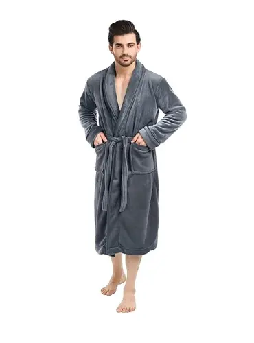 Utopia NY Threads Luxurious Shawl Collar Fleece Bathrobe Long Spa Robe (Grey / Small/Medium)