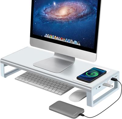 Vaydeer USB 3.0 Monitor Stand with Wireless Charging Aluminum Monitor Stand Riser Supports Data Transmission Metal Monitor Stand Supports up to 32 Inches for Computer, Laptop - Silver