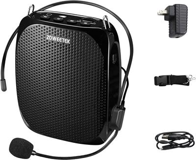 ZOWEETEK Portable Rechargeable Mini Voice Amplifier with Wired Microphone Headset and Waistband, Supports MP3 Format Audio