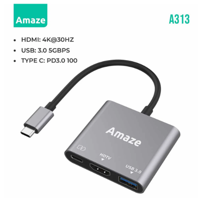 Amaze 3 in 1 Type C, HUB Adapter, 4K HDMI, USB 3.0, USB C 100w PD Port - A313