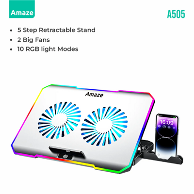 AMAZE A505 Laptop RGB Cooling Stand and Pad with Mobile Holder, 2 Big Fans, 5 Steps Retractable stand