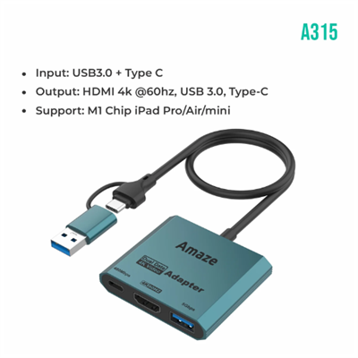 Amaze Type C + USB to 3 in 1 Hub, 4K HDMI, USB 3.0, Type C, A315, Support: M1 Chip iPad Pro,Air mini