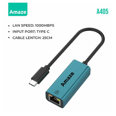 AMAZE Type C TO Gigabit ethernet adapter, 1000Mbps speed, 25cm cable length, Windows, MacOS, iOS, Android | A405