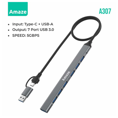 Amaze USB 3.0 and Type C 7 Port USB 3 Hub for Windows and Mac - A307